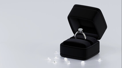 Sticker - A platinum diamond ring with a 3D render design in a black jewelry box on a white background, matching the concept of a jewelry shop atmosphere.