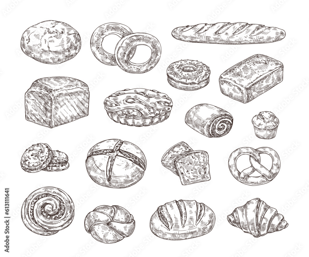 Sketch bakery food. Hand drawn bread, sweet pastry and desserts for ...