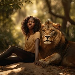 Wall Mural - A woman sitting next to a lion in a forest. Generative AI.