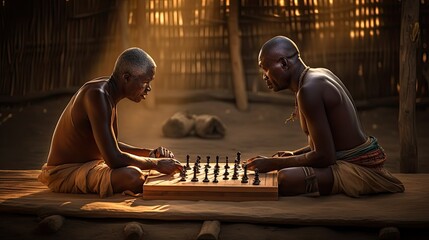 Wall Mural - A couple of African men playing a game of chess. Generative AI.