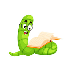 Poster - Cartoon bookworm character, book worm animal. Isolated vector cute green bug is engrossed in reading with mesmerizing expression on face. Funny caterpillar student, nerd, geek or reader personage