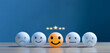 © Thanadon88 - Happy smiley face symbol on the table. Rating. Increased score. Customer experience, satisfaction and best service rating concept with copy space.