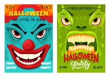 Halloween Party Flyer, Cartoon Monster Characters. Vector Happy Halloween Horror Night Event Cards, Invitation Posters With Creepy Clown And Alien Reptile Faces With Open Toothy Mouth And Sharp Teeth