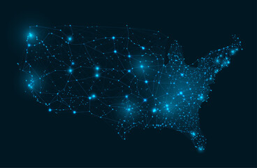 USA grid wireframe map. Connected network of states of America capitals, American internet communications and futuristic digital map vector illustration