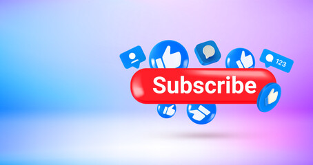 Aufkleber - Social media icons and Subscribe button. Vector 3d banner with copy space