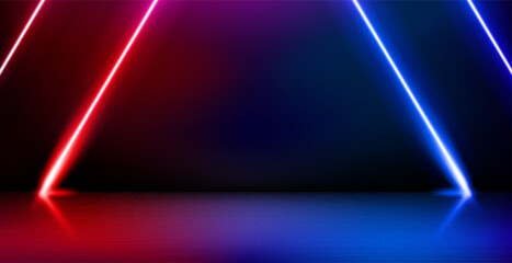 Poster - Empty product showcase and shining neon projectors. 3d vector illustration