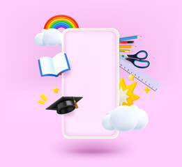 Poster - Modern smartphone with arts and education elements and blank screen. 3d vector illustration