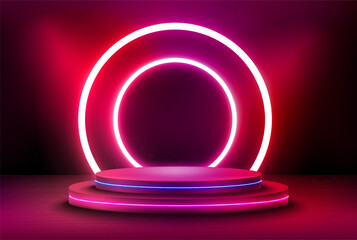 Poster - Interior with stage and shining projectors and neon. 3d vector illustration