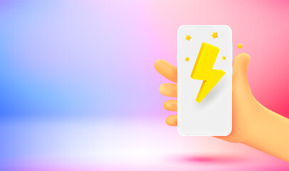 Leinwandbilder - Comic hand with smartphone and bolt icon. 3d vector banner with copy space
