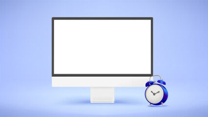 Fototapete - Modern computer with blank screen and blue clock. Time management concept. 3d vector mockup