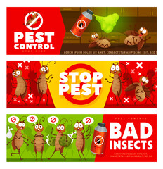 Wall Mural - Pest control, cartoon cockroach characters and insects extermination, vector banners. Pest control service with stop sign on funny cockroach, kitchen disinsection and domestic parasites disinfestation