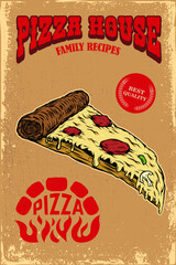 Wall Mural - Vintage poster with tasty pizza on grunge background.