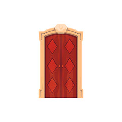 Sticker - Front door with doorway. Isolated vector elegant vintage red wooden gates with textured rocky doorjamb surface and geometric rhombus pattern. Cartoon closed luxury entrance portal of hotel or house