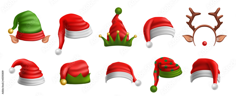 Christmas hats. Festive Santas red cap, elf hat with ears and Xmas deer ...