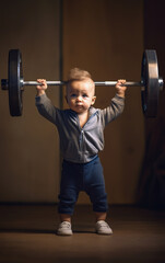 Wall Mural - Adorable strong little boy lifting a heavy barbell - ai generative