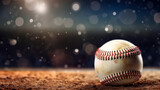 Fototapeta Sport - AI generative image about baseball with a baseball ball and a bokeh blurry stadium as background 