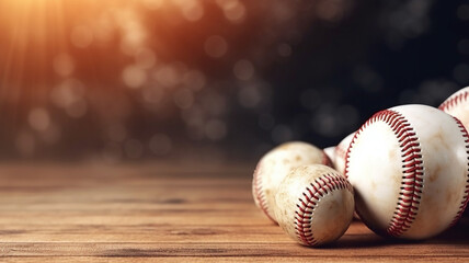 Wall Mural - AI generative image about baseball with a baseball ball and a bokeh blurry stadium as background 