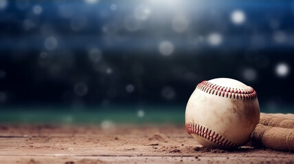 Wall Mural - AI generative image about baseball with a baseball ball and a bokeh blurry stadium as background 