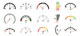 Fototapeta  - Fuel gauge scales. Gas meter, petrol level indicator for car dashboard panel design. Gage dials with empty and full marks vector set