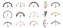Fuel Gauge Scales. Gas Meter, Petrol Level Indicator For Car Dashboard Panel Design. Gage Dials With Empty And Full Marks Vector Set