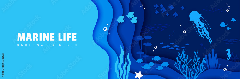 Sea paper cut landscape banner. Fish shoal, jellyfish and seaweeds ...