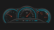 © WinWin - Car dashboard. Vehicle performance monitoring indicators and gauges, fuel level and speedometer ui vector illustration