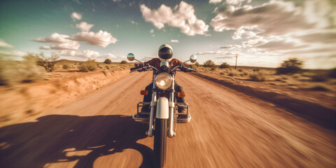 front view of a motorcyclist in fisheye effect, generative ai