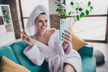 Poster - Photo of happy charming lady after bath using smart cell gadget recording video online internet make v sign at home