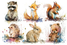 Safari Animal Set Fox, Bear, Squirrel, Rabbit, Hedgehog And Racoon For Nursery In Watercolor Style. Isolated . Generative AI