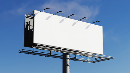 Blank outdoor billboard on blue sky background 8K high quality resolution. 3D realistic illustration of a large billboard 