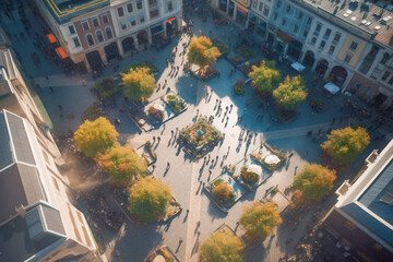 Top view of the city square with a crowd of people walking around. Crowd small figures of unrecognizable people walking in town square, city life concept. Generative AI