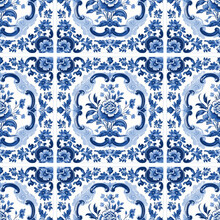 Delft Blue Dutch Seamless Pattern. Floral Blue Seamless Pattern. Vintage Dutch Tile Decor.