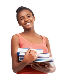 Black girl, teenager and books, student in portrait and smile isolated on png transparent background. School, education and learning, happy African female pupil and study material with scholarship