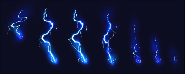 cartoon lightning animation. animated frames of electric strike, magic electricity hit and thunderbo