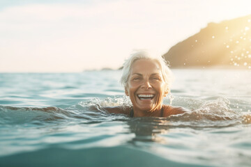 Wall Mural - Illustration of mature senior woman in the sea