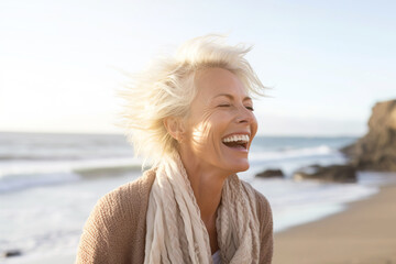 Wall Mural - Illustration of mature senior woman on beach coast