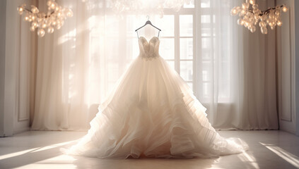closeup wedding dress in bridal room background. banner. front view of stylish dress for wedding day