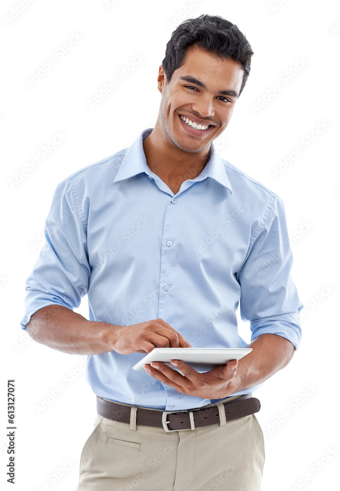 Tablet, portrait and happy business man isolated on transparent, png ...