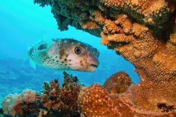 Wall Mural - Beautiful tropical coral reef with lovely porcupine fish.