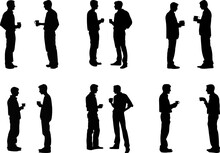 set of silhouettes of two men standing and talking