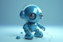 Cute Little 3D Blue Metal Robot Isolated On A Blue Background. Creative Robot, Children's Robotics Concept, Innovation And Technology. Generative AI 3d Render Illustration Imitation.