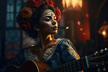 Beautiful woman dancing mexican for the Day of the Dead , Perfect beautiful dia de muertos background , Created with generative AI