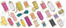 Hand Drawn Colorful Spool Of Thread Set Isolated On White Background. Sewing Supplies. Vector Illustration