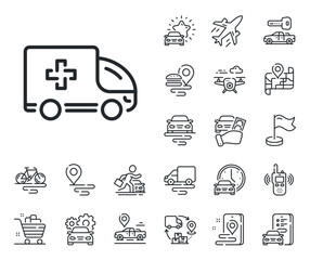 Wall Mural - Hospital transportation vehicle sign. Plane, supply chain and place location outline icons. Ambulance emergency car line icon. Medical symbol. Ambulance emergency line sign. Vector