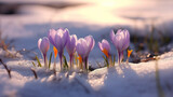 A group of purple flowers growing out of the snow. Generative AI.