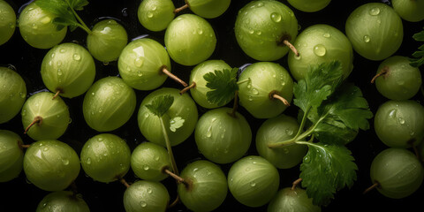 Wall Mural - Top view of many green fresh gooseberries in drops of water on a black background surface. Berry fruit wallpaper, fresh healthy food concept banner. Generative AI professional photo imitation.