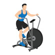 © lioputra - Man doing air bike training or assault bike cardio exercise. Flat vector illustration isolated on white background