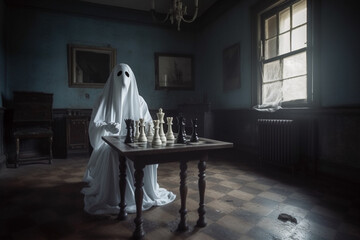 Wall Mural - Generative Ai of a ghost playing chess alone in a haunted house. 