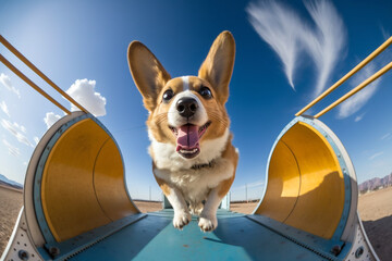 Wall Mural - Generative AI of a corgi on a rollercoaster