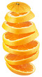 Sliced orange citrus fruit isolated on transparent background. Falling orange slices with alpha channel. Full depth of field.	